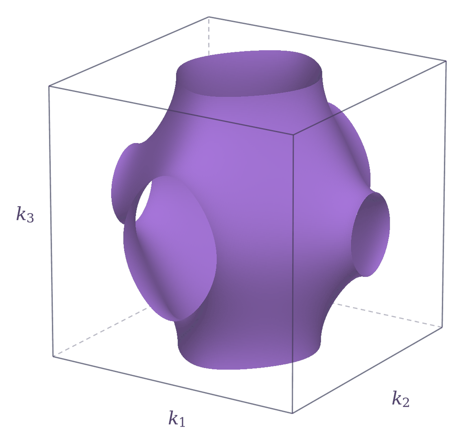 A violet surface inside a wire-frame cube whose edges are labeled k1, k2 and k3: a rounded central body from which six tubes open onto the six faces of the cube, wide tubes toward the top and bottom faces, a medium one toward the left face and a narrow one toward the right face; the three cube edges behind the surface are dashed.